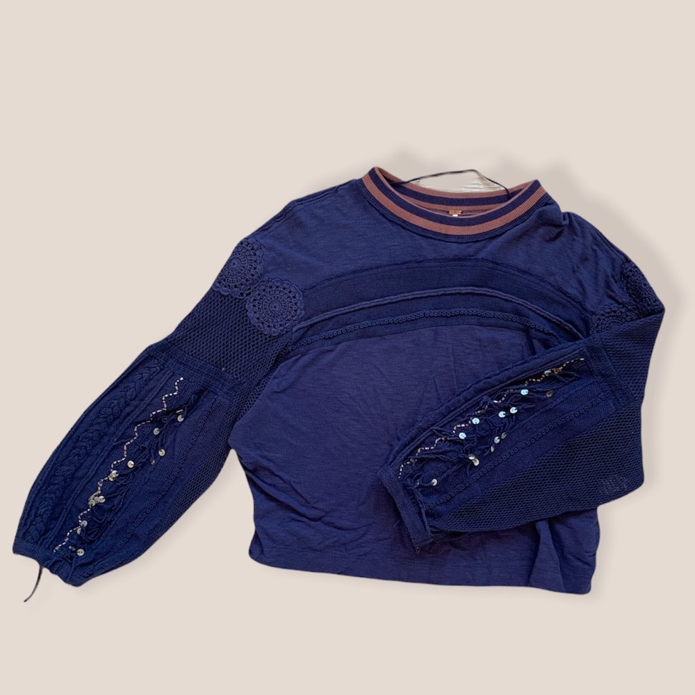FREE PEOPLE BLUE CROCHET SWEATER